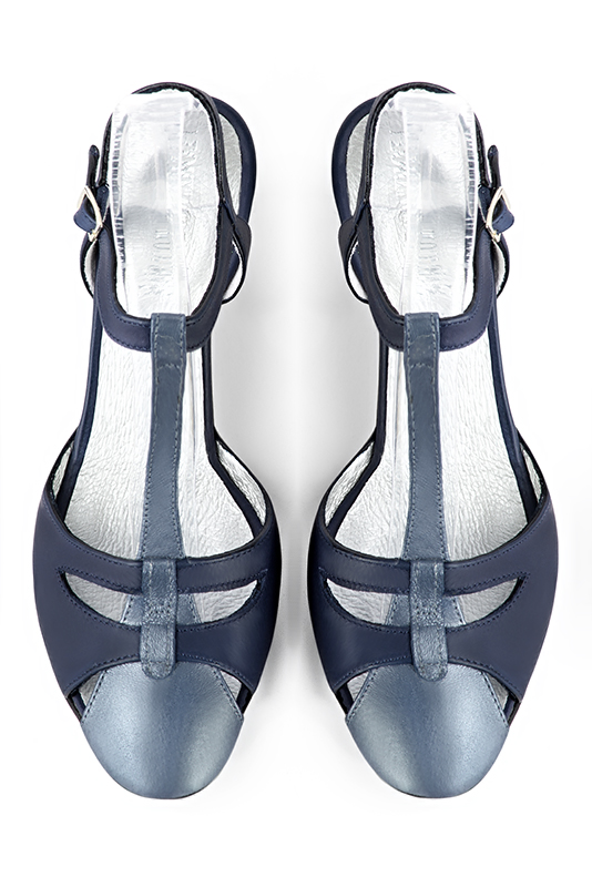 Denim blue women's open back T-strap shoes. Round toe. Medium slim heel. Top view - Florence KOOIJMAN